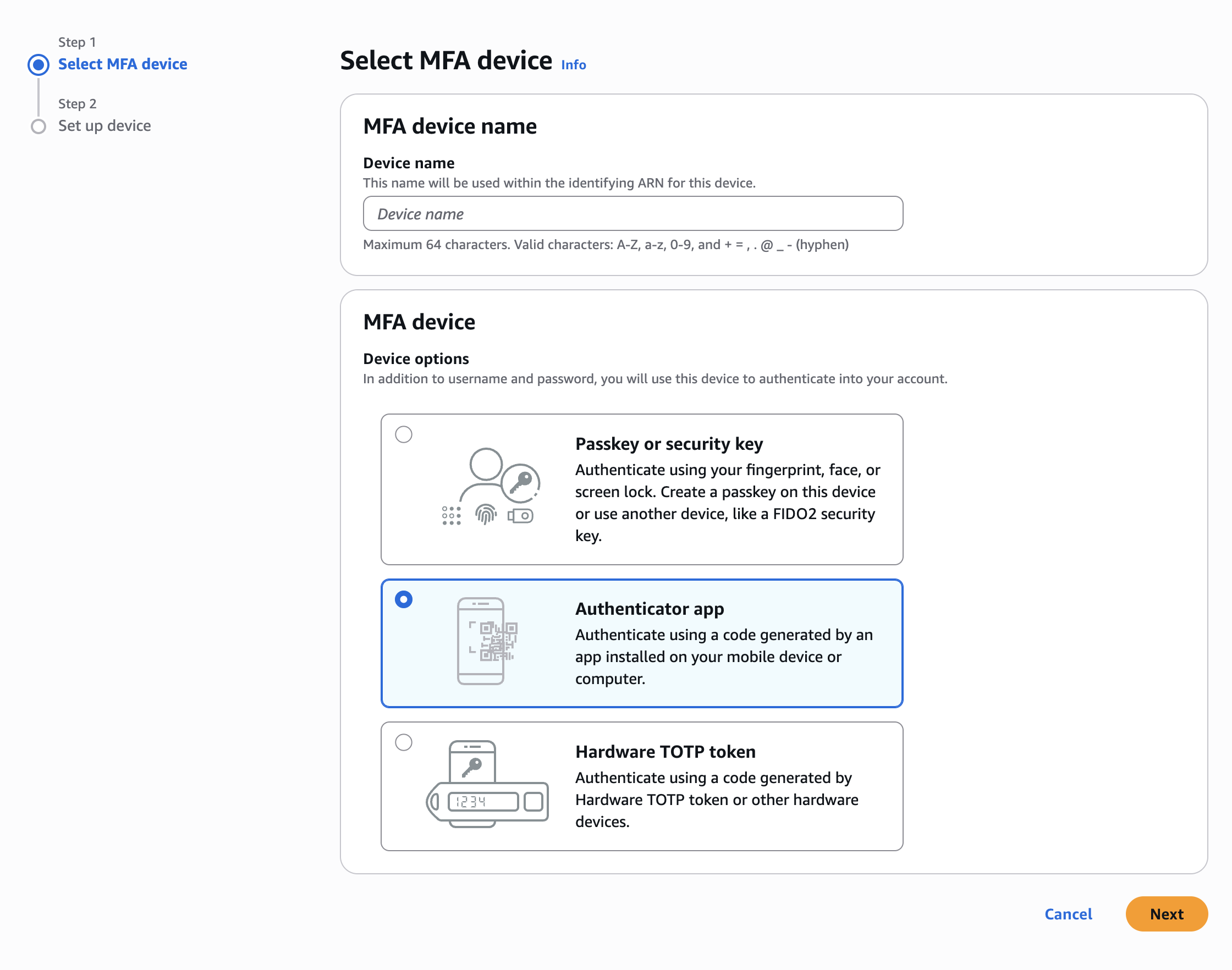 Select authenticator app